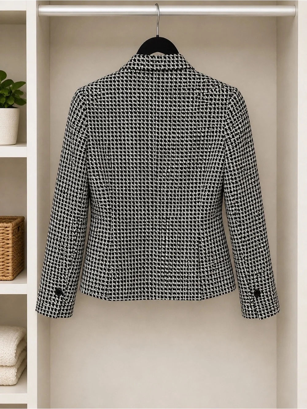H&M Black White Tweed Blazer Jacket Cropped Houndstooth Size 6 - Picture 2 of 3